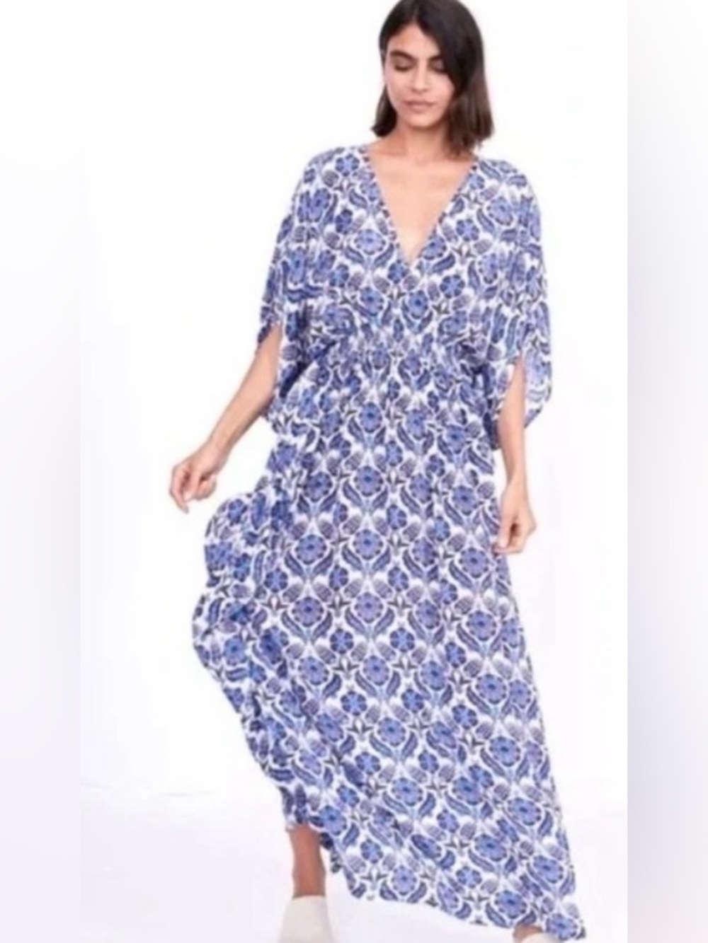 NWT Anthropologie Blue Printed V-Neck Maxi Dress Coverup